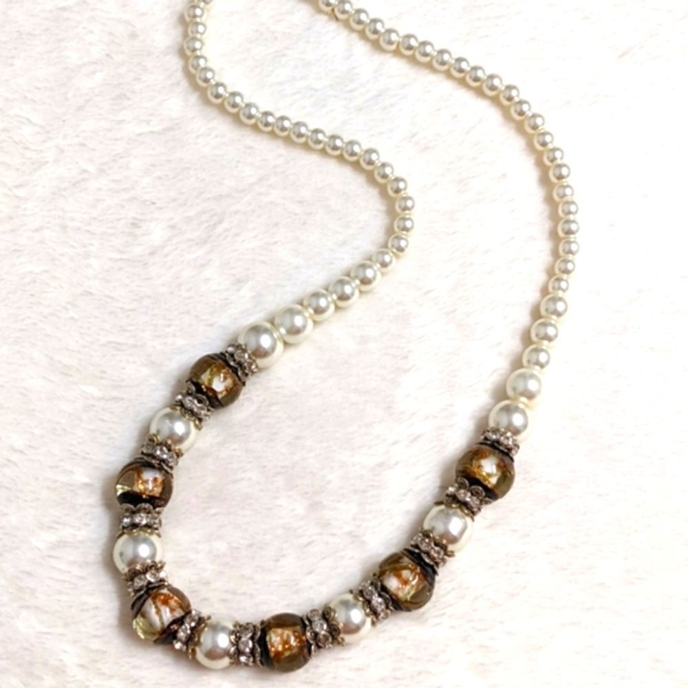 Vintage 90's Faux Pearl/Glass Beads & Rondal Rhinestone Bead Necklace - Picture 8 of 13